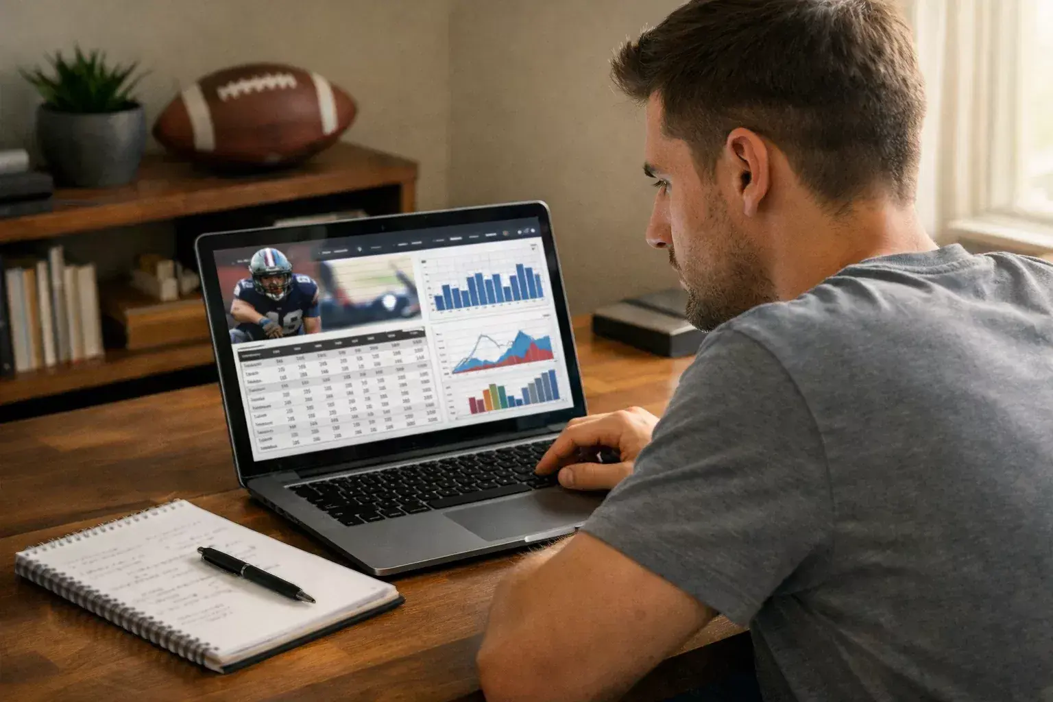 Sports bettor analyzing NFL player statistics on laptop with notepad for research