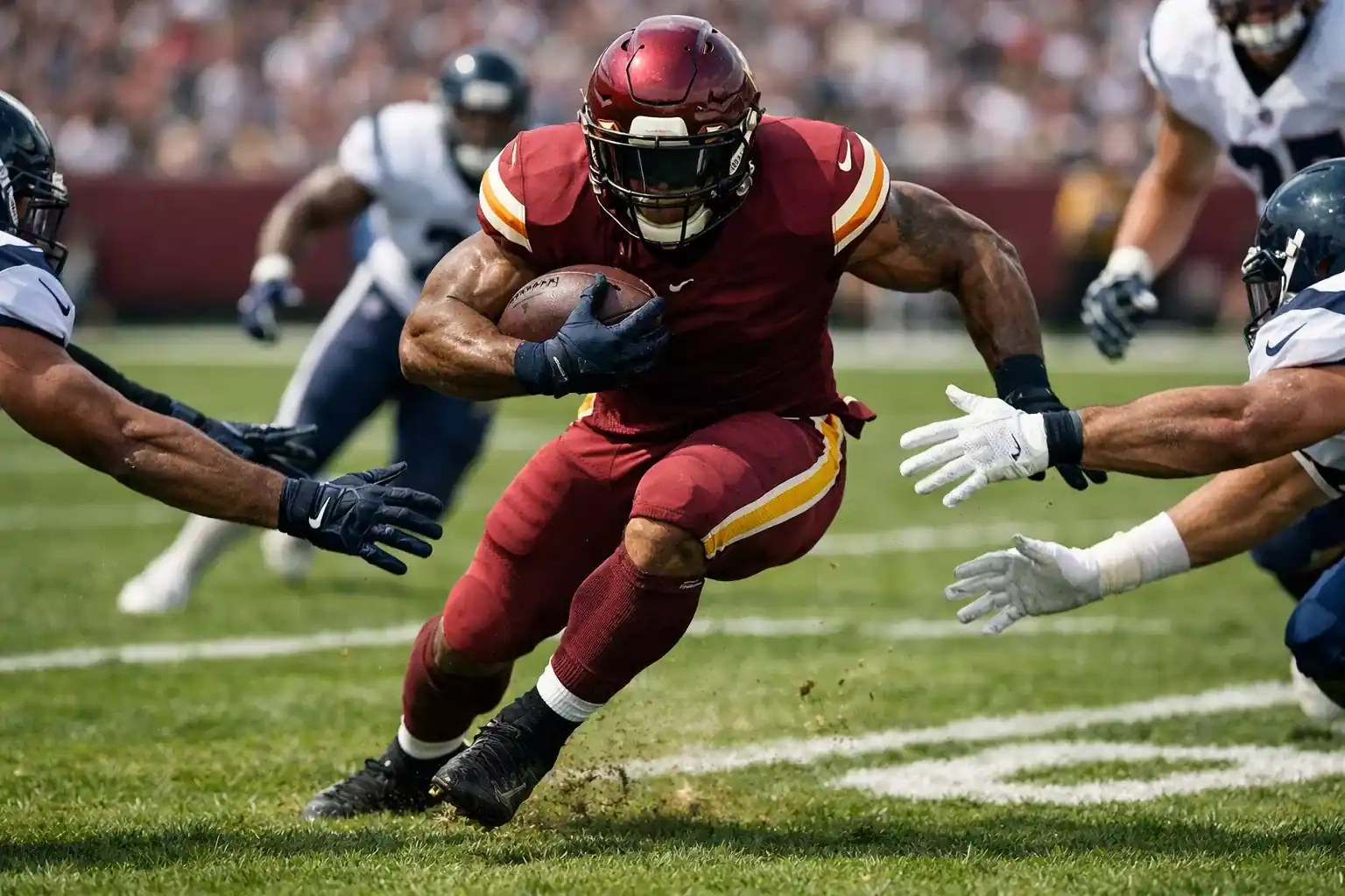 NFL running back carrying football through defensive line during game action