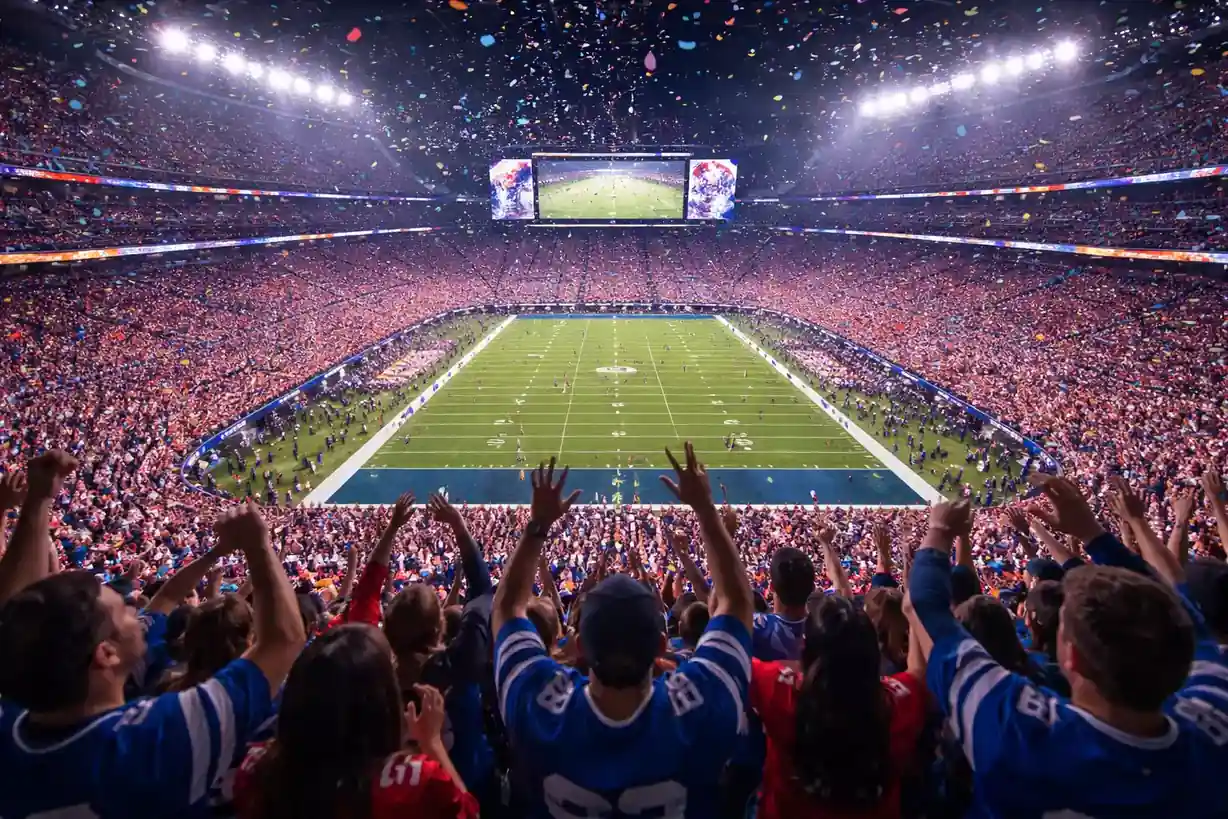 Packed stadium during Super Bowl with fans cheering and field visible from stands